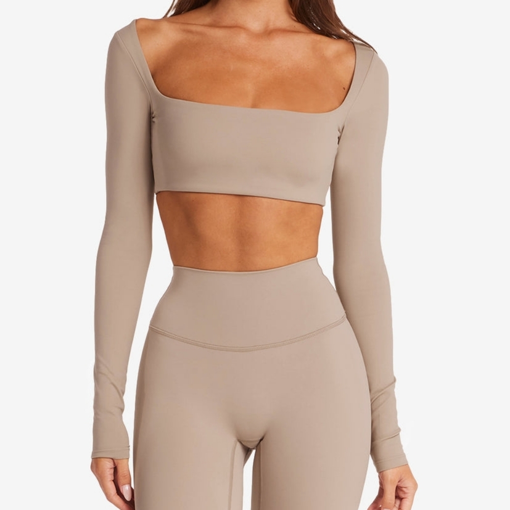 Crop Shop Boutique Taupe Long Sleeve Square Neck Crop Top